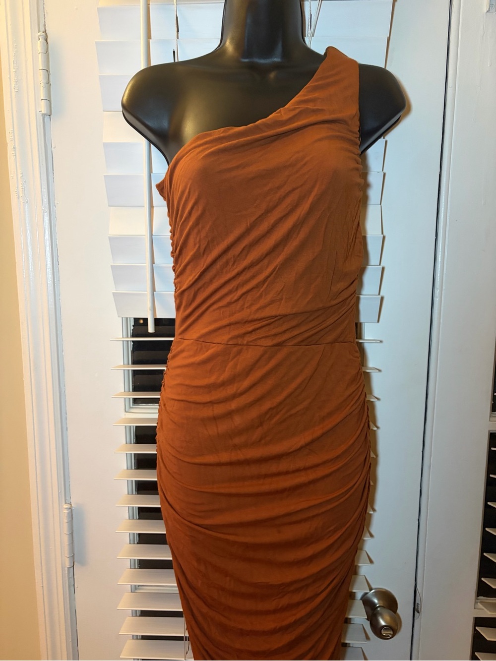 One-Shoulder Ruched Midi Dress in Rust - Picture 3 of 4